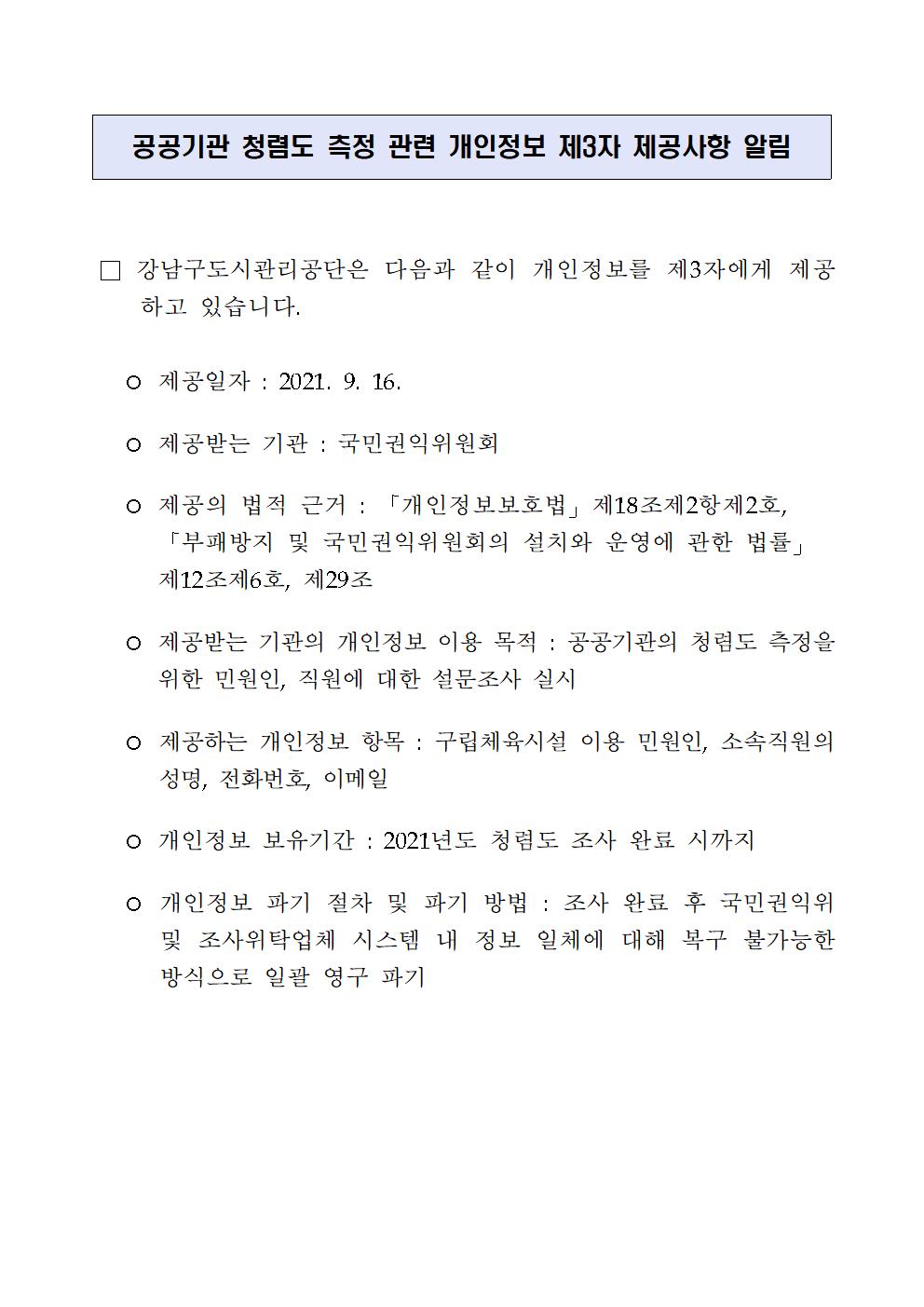 공공기관 청렴도 측정 관련 개인정보 제3자 제공사항 알림
□ 강남구도시관리공단은 다음과 같이 개인정보를 제3자에게 제공 하고 있습니다.
ᄋ 제공일자 : 2021. 9. 16.
○ 제공받는 기관 : 국민권익위원회
이 제공의 법적 근거 : 「개인정보보호법」 제18조제2항제2호,
「부패방지 및 국민권익위원회의 설치와 운영에 관한 법률」 제12조제6호, 제29조
이 제공받는 기관의 개인정보 이용 목적 : 공공기관의 청렴도 측정을 | 위한 민원인, 직원에 대한 설문조사 실시
○ 제공하는 개인정보 항목 : 구립체육시설 이용 민원인, 소속직원의
성명, 전화번호, 이메일
○ 개인정보 보유기간 : 2021년도 청렴도 조사 완료 시까지
○ 개인정보 파기 절차 및 파기 방법 : 조사 완료 후 국민권익위 | 및 조사위탁업체 시스템 내 정보 일체에 대해 복구 불가능한 방식으로 일괄 영구 파기
