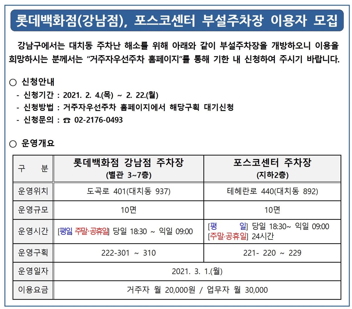 롯데백화점(강남점), 포스코센터 부설주차장 이용자 모집
강남구에서는 대치동 주차난 해소를 위해 아래와 같이 부설주차장을 개방하오니 이용을 희망하시는 분께서는 “거주자우선주차 홈페이지'를 통해 기한 내 신청하여 주시기 바랍니다.
○ 신청안내 - 신청기간 : 2021. 2. 4.(목) ~ 2. 22.(월) - 신청방법 : 거주자우선주차 홈페이지에서 해당구획 대기신청 - 신청문의 : ☎ 02-2176-0493
○ 운영개요
구 분 롯데백화점 강남점 주차장
포스코센터 주차장 (별관 3~7층)
(지하2층) 운영위치 도곡로 401(대치동 937) |
테헤란로 440(대치동 892) 운영규모 | 10면
10면 운영시간 | [평일 주말·공휴일 당일 18:30 ~ 익일 09:00 |
| [평 일 당일 18:30~ 익일 09:00
| [주말·공휴일] 24시간 운영구획 | 222-301 ~ 310
221- 220 ~ 229 운영일자
2021. 3. 1.(월)
이용요금
| 거주자 월 20,000원 / 업무자 월 30,000
