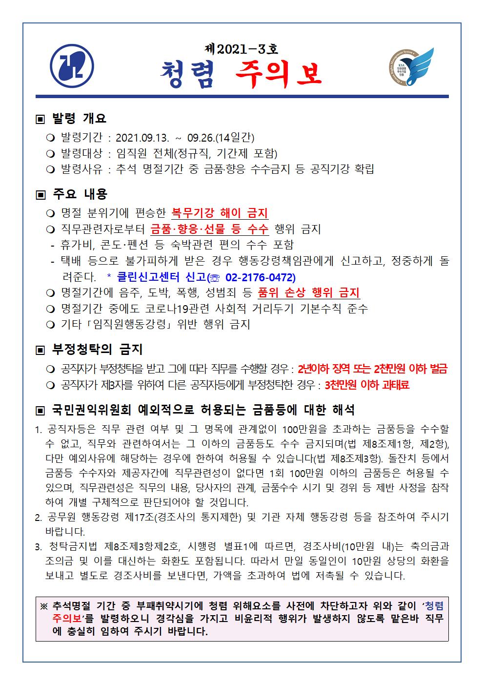 제 2021-3호 -
| 청렴 주의보
0
▣ 발령 개요. ○ 발령기간 : 2021.09.13. ~ 09.26.(14일간) ○ 발령대상 : 임직원 전체(정규직, 기간제 포함) ○ 발령사유 : 추석 명절기간 중 금품 향응 수수금지 등 공직기강 확립
▣ 주요 내용 | 0 명절 분위기에 편승한 복무기강 해이 금지 ○ 직무관련자로부터 금품·향응· 선물 등 수수 행위 금지 - 휴가비, 콘도 펜션 등 숙박관련 편의 수수 포함 - 택배 등으로 불가피하게 받은 경우 행동강령책임관에게 신고하고, 정중하게 돌 | 려준다. * 클린신고센터 신고 ( 02-2176-0472) 이 명절기간에 음주, 도박, 폭행, 성범죄 등 품위 손상 행위 금지 0 명절기간 중에도 코로나19관련 사회적 거리두기 기본수칙 준수 0 기타 [임직원행동강령」 위반 행위 금지
▣ 부정청탁의 금지 0 공직자가 부정청탁을 받고 그에 따라 직무를 수행할 경우 : 2년이하 징역 또는 2천만원 이하 벌금 ○ 공직자가 제3자를 위하여 다른 공직자등에게 부정청탁한 경우 : 3천만원 이하 과태료 ▣ 국민권익위원회 예외적으로 허용되는 금품등에 대한 해석 1. 공직자등은 직무 관련 여부 및 그 명목에 관계없이 100만원을 초과하는 금품등을 수수할
수 없고, 직무와 관련하여서는 그 이하의 금품등도 수수 금지되며(법 제8조제1항, 제2항), 다만 예외사유에 해당하는 경우에 한하여 허용될 수 있습니다(법 제8조제3항). 돌잔치 등에서
이 주주사와 제공자간에 직무관련성이 없다면 1회 100만원 이하의 금품등은 허용될 수 있으며, 직무관련성은 직무의 내용, 당사자의 관계, 금품수수 시기 및 경위 등 제반 사정을 참작 하여 개별 구체적으로 판단되어야 할 것입니다. 2. 공무원 행동강령 제17조(경조사의 통지제한) 및 기관 자체 행동강령 등을 참조하여 주시기 | 바랍니다. 3. 청탁금지법 제8조제3항제2호, 시행령 별표1에 따르면, 경조사비(10만원 내)는 축의금과 조의금 및 이를 대신하는 화환도 포함됩니다. 따라서 만일 동일인이 10만원 상당의 화환을 보내고 별도로 경조사비를 보낸다면, 가액을 초과하여 법에 저촉될 수 있습니다.
※ 추석명절 기간 중 부패취약시기에 청렴 위해요소를 사전에 차단하고자 위와 같이 '청렴 주의보'를 발령 하오니 경각심을 가지고 비윤리적 행위가 발생하지 않도록 맡은바 직무 에 충실히 임하여 주시기 바랍니다.
