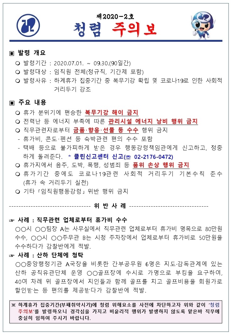 제 2020-2호
| 청렴 주의보
▣ 발령 개요 | 이 발령기간 : 2020.07.01. ~ 09.30.(90일간)
○ 발령대상 : 임직원 전체(정규직, 기간제 포함) 이 발령사유 : 하계휴가 집중기간 중 복무기강 확립 및 코로나19로 인한 사회적
거리두기 강조
▣ 주요 내용
○ 휴가 분위기에 편승한 복무기강 해이 금지 | 0 전력난 등 에너지 부족에 따른 관리시설 에너지 낭비 행위 금지
○ 직무관련자로부터 금품·향응 · 선물 등 수수 행위 금지 | - 휴가비, 콘도 펜션 등 숙박관련 편의 수수 포함 - 택배 등으로 불가피하게 받은 경우 행동강령책임관에게 신고하고, 정중
하게 돌려준다. * 클린신고센터 신고 ( 02-2176-0472) ○ 휴가지에서 음주, 도박, 폭행, 성범죄 등 품위 손상 행위 금지 ○ 휴가기간 중에도 코로나 19관 련 사회적 거리두기 기본수칙 준수
(휴가 속 거리두기 실천) ○ 기타 「임직원행동강령」 위반 행위 금지
---- 위반 사례
S 사례 : 직무관련 업체로부터 휴가비 수수 OO시 OO 팀장 A는 사무실에서 직무관련 업체로부터 휴가비 명목으로 80만원 수수, OO시 OO주무관 B는 시청 주차장에서 업체로부터 휴가비로 50만원을 수수하다가 감찰반에게 적발. 팅 사례 : 산하 단체에 청탁 100 중앙행정기관 A국장을 비롯한 간부공무원 6명은 지도·감독관계에 있는 산하 공직유관단체 운영 00 골프장에 수시로 가명으로 부킹을 요구하여, 40여 차례 위 골프장에서 지인들과 함께 골프를 치고 골프비용을 회원 가로 할인받는 등 편의를 제공받다가 감찰반에 적발.
※ 하계휴가 집중기간 (부패 취약시기)에 청렴 위해요소를 사전에 차단하고자 위와 같이 '청렴 주의보'를 발령 하오니 경각심을 가지고 비윤리적 행위가 발생하지 않도록 맡은바 직무에 충실히 임하여 주시기 바랍니다.
