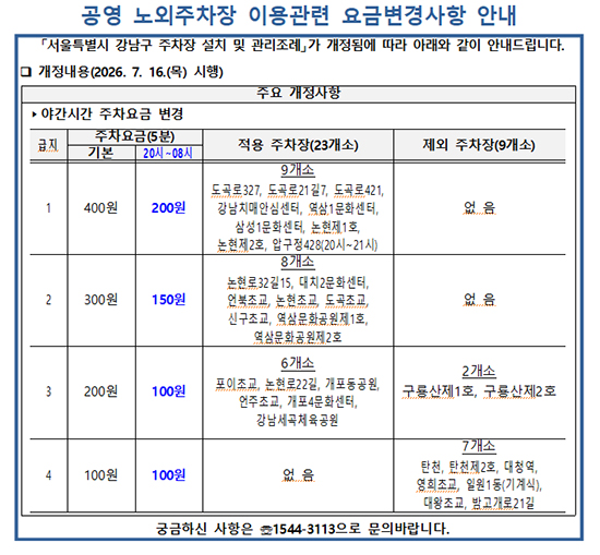 조례 개정에 따른 주차요금 변경(야간시간) 안내