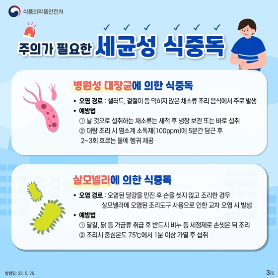 주의가 필요한 세균성 식중독  1. 병원성 대장균에 의한 식중독 - 오염 경로 : 샐러드, 겉절이 등 익히지 않은 채소류 조리 음식에서 주로 발생 - 예방법 ① 날 것으로 섭취하는 채소류는 세척 후 냉장 보관 또는 바로 섭취 ② 대량 조리 시 염소계 소독제(100ppm)에 5분간 담근 후 2~3회 흐르는 물에 헹궈 제공
